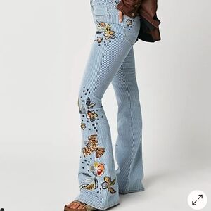 Free People Blue Striped Floral Embroidered Flare Jeans